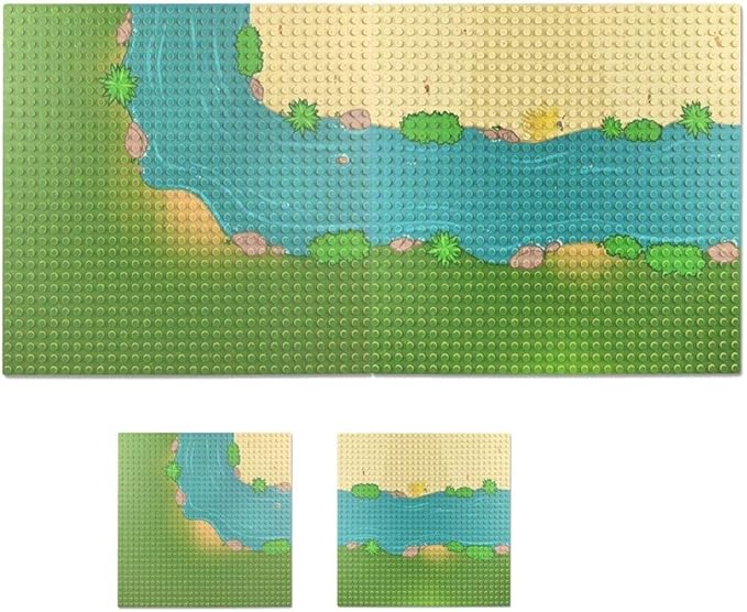 Taken All Grassland Rivers Pattern Baseplate 10" x 10" - Building Brick Base Plate Perfect Combination with Major Brands,for City Roads Building Blocks Kids Toy (1 Straight + 1 Curve)