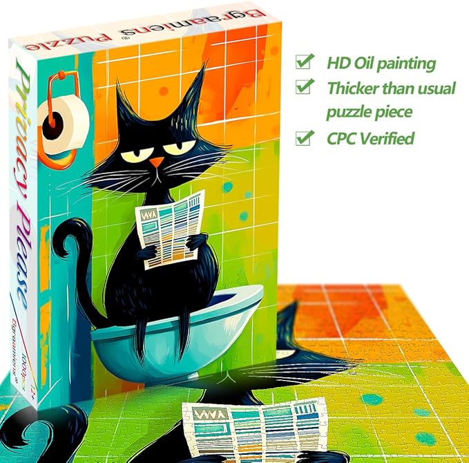 Bgraamiens Privacy Please 1000 Piece Jigsaw Puzzle – Funny Cat on Toilet with Newspaper – Whimsical Bathroom Humor Puzzle for Adults, Vibrant Colors, Challenging and Relaxing