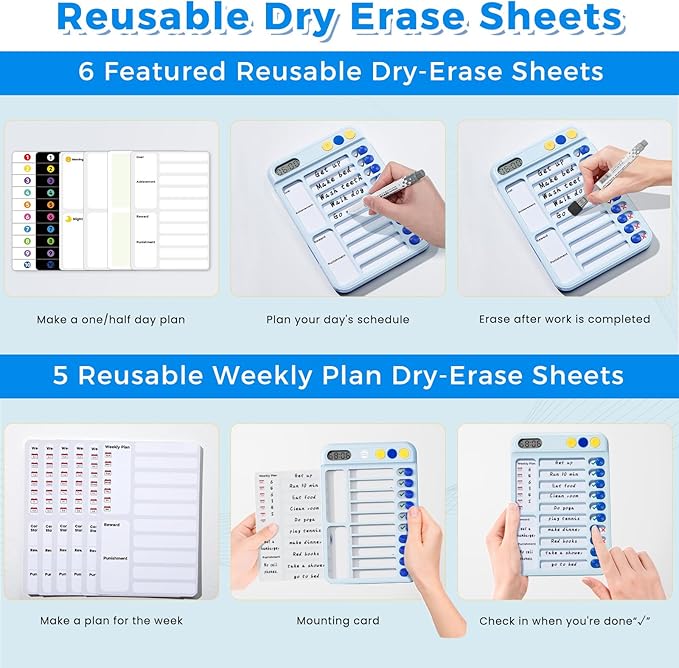 Magnetic Chore Chart for Kids with Timer, Visual Schedule for Kids, ADHD Tools for Kids to Do List, Checklist with 99-Min Countup/Countdown Chore Board with Sliders & 12 Dry-Erase Sheets (Blue)