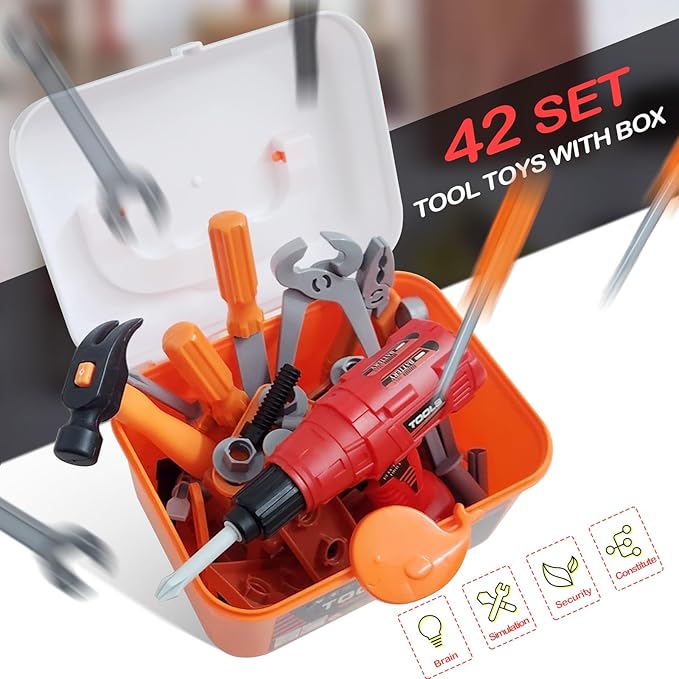 Kids Tool Play Set,Electric Screwdriver Toy with Box, 42pcs Toddler Electronic Toy Drill Kits, Pretend Play Construction Tools for Boy Girl Halloween Present Birthday Dress Up Party