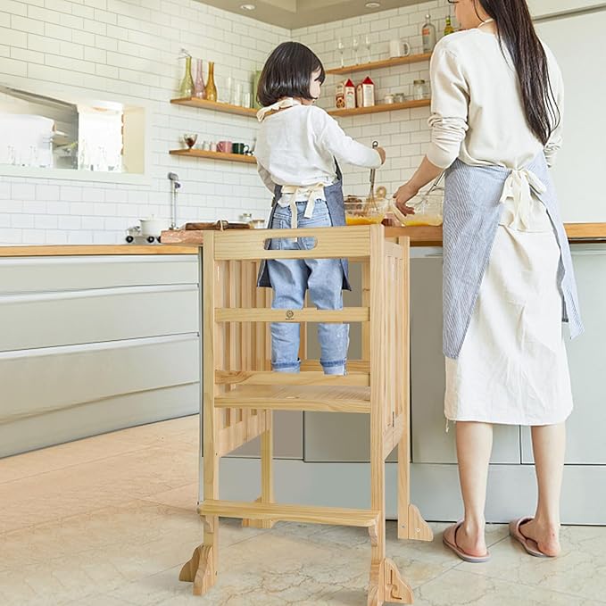 Foldable Toddler Learning Standing Tower, WOOD CITY Montessori Kitchen Step Stool Ideal Helper with 3 Adjustable Heights for Learning New Skills(Natural)