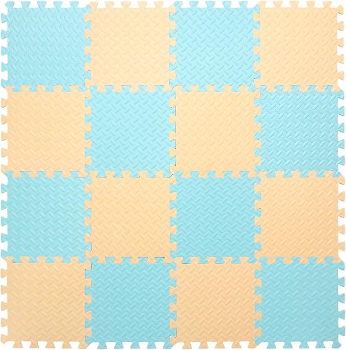Foam Play Mat for Baby, 0.4 Inch Thick Foam Interlocking Floor Mats, Soft Non-Toxic Baby Playmat, Solid Colored Puzzle Play Mat Kids Floor Mats for Toddler, 16 Tiles(Beige/Light Blue)