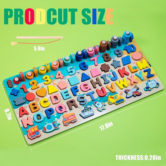 Wooden Alphabet Puzzle All in One Letters Shape Number Matching Board Montessori Educational Early Learning Toy for Preschool Kids