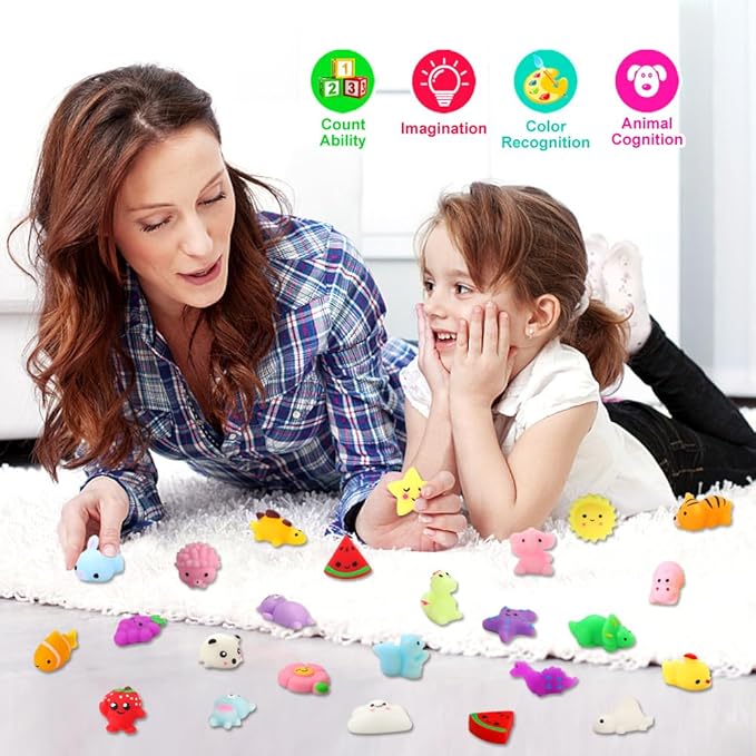 KINGYAO Squishies Squishy Toy 24pcs Party Favors for Kids Mochi Squishy Toy moji Kids Mini Kawaii squishies Mochi Stress Reliever Anxiety Toys Easter Basket Stuffers fillers with Storage Box