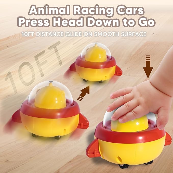 4PCS Animal Press to Go Car Toys for Toddlers 1-3, Push Go Friction Car Toys for 6-18 Months Baby, Animal Space Racing Cars, Infant Play Vehicle Set, Birthday Gifts for 1 Year Old Girl & Boy