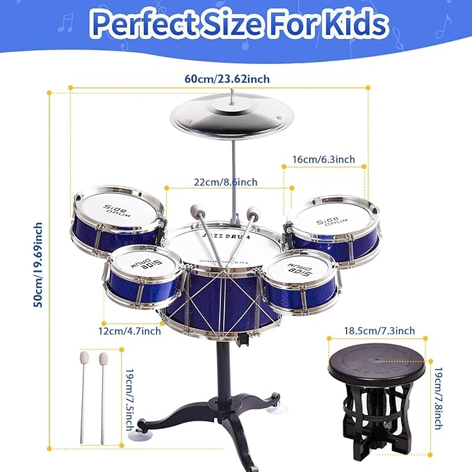 Tinylife Kids Drum Set, Toddlers Musical Toys Drum Kit with 5 Drums, Stool, Sticks and Cymbal Kids Musical Instruments Toy Set for 2 3 4 5 Year Old Boys Girls Gifts