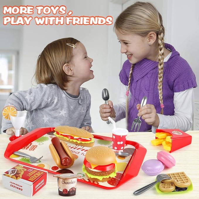 Fast Food Set - 59 PCS Kitchen Toy Set for Pretend Play, Kids Toddlers Play Accessories, Removable Food, Party Favor Christmas Stocking Stuffers