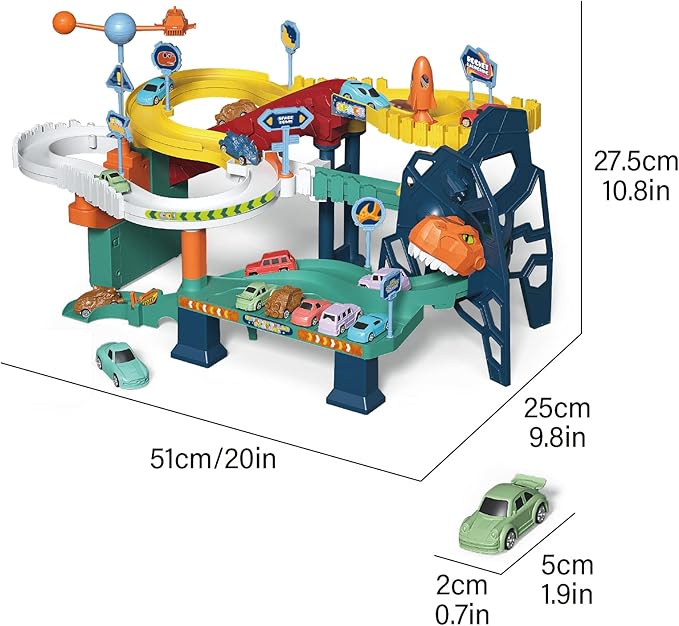 RedCrab Kids Space Car Playset Toy Ramp Track Set,Winding Highway Space Dinosaur Hill Toy,Light and Music Educational Toys for Age3+ Boys Girls with 4 Mini Cars & Map,Good Gift for Birthday Christmas