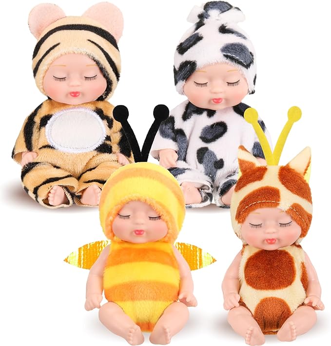 Hanaive 4 Pcs 4 Inch Mini Baby Dolls Lifelike Realistic Baby Dolls Animal Clothes Cute Tiny Gifts for Kids Birthday Party(Print Style)