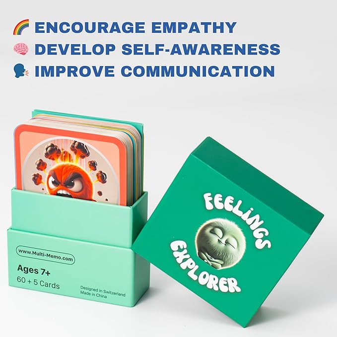 Feelings Explorer – 60 Emotion Cards for Kids Ages 7+ | Social Emotional Learning Game with Questions & Activities | SEL Tool for Parents, Teachers & Therapists | Bonus Cards Included