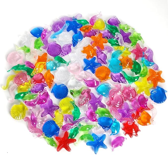 120 PCS Sensory Bin Filler,Mini Resin Figures,Diving Gem Pool Acrylic Sea Shells Starfish Gemstones Under The Sea Party Decoration,Beach Theme,Vase Filler,Fish Tank Decorations,Crafts
