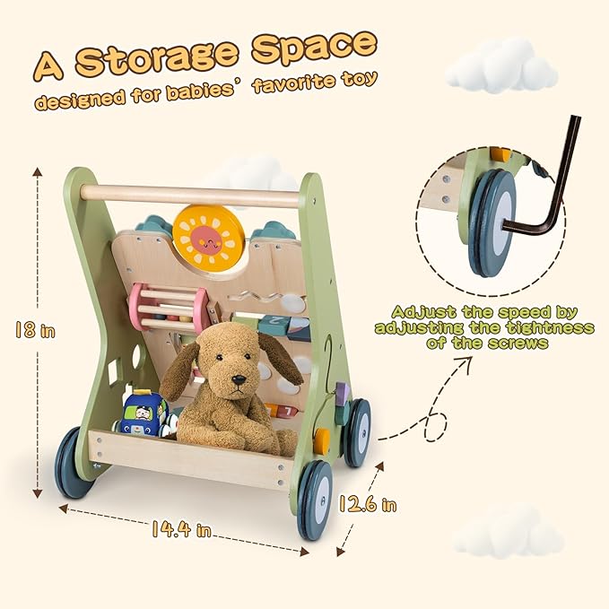 Wooden Baby Walker with Wheels, Baby Walker for Boys 6-12 Months Push Toy, Montessori Walking Toys for 1 Year Old Activity Center
