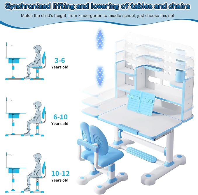 2025 NEW Kid's Study Desk and Chair Set, Ergonomic Height Adjustable Children Study Desk with Tilt Desktop, Book Stand, Light, Metal Hook and Storage Drawer,Gift for Boys Girls (Blue 119cm lean)