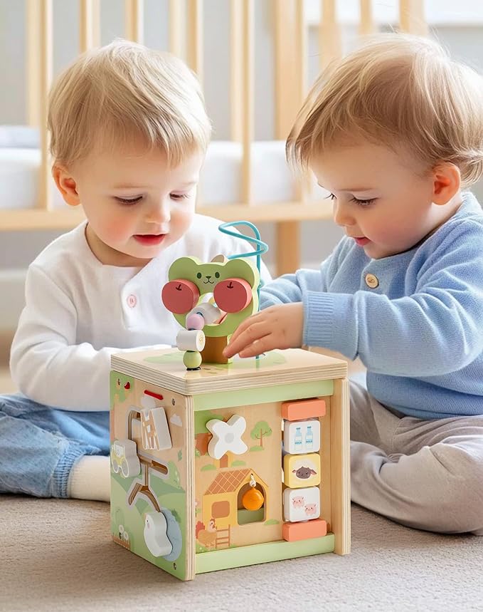 ROBUD Wooden Activity Cube, Baby Activity Cube for 1 Year Old, Montessori Activity Cube with 9 Gams in 1 Toy, Educational Toys of Bear Orchard Busy Cube, JM52
