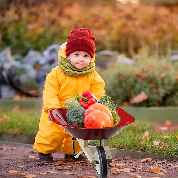 Qtioucp Kids Wheelbarrow Set with Gardening Tools Outdoor Backyard Garden Play for Toddlers Boys Girls 3-8, with Shovel, Rake, Leaf Rake, Easter Birthday Gifts (Wheelbarrow Red Color)