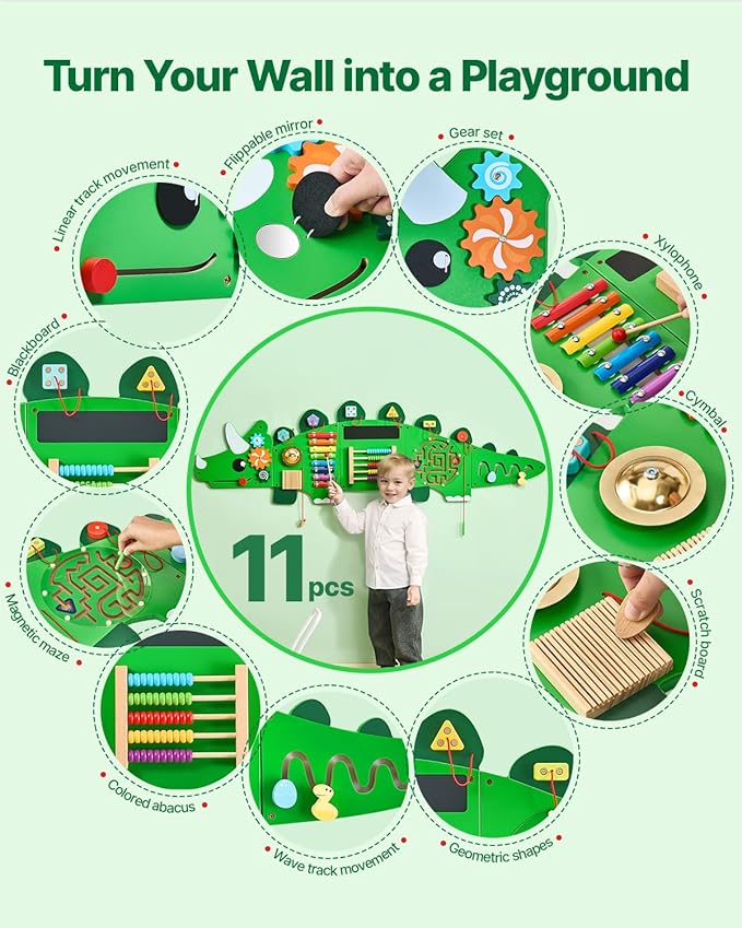 VEVOR Dinosaur Activity Busy Board Wall, 11 Activities Board, Montessori Sensory Wall Panel for Kids 3-12 Years, Sensory Activity Panel, Ideal for Toddler Playroom Nursery Classroom