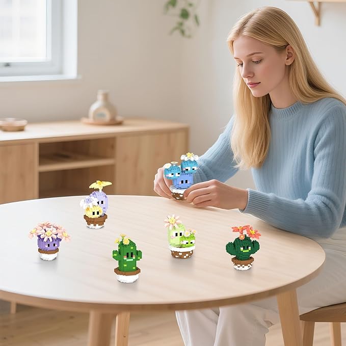 Flowers & Cactus Building Sets for Adults, 6 Pack Succulents Bonsai Décor Model Kits, Tiny Plants Party Favors For Kids 8-12, Goodie Bag Stuffers, Prize Box Toys Gifts for Kids, Botanical Lovers