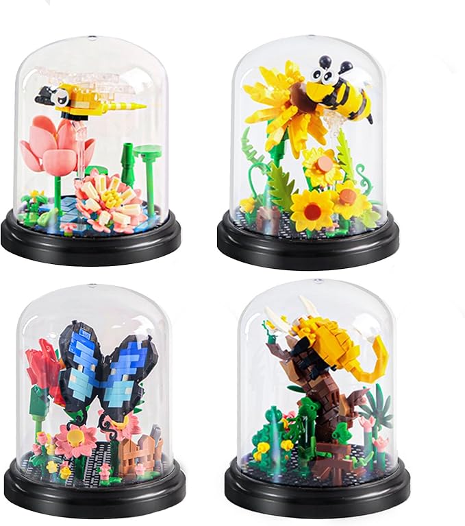 Insect Flowers Collection Micro Building Toy Set with Dust Cover, Flower Plants Bug Botanical Set for Nature Decor, Bug Building Office Home Decorative, Plant Decor Birthday Gift for Adults Kids