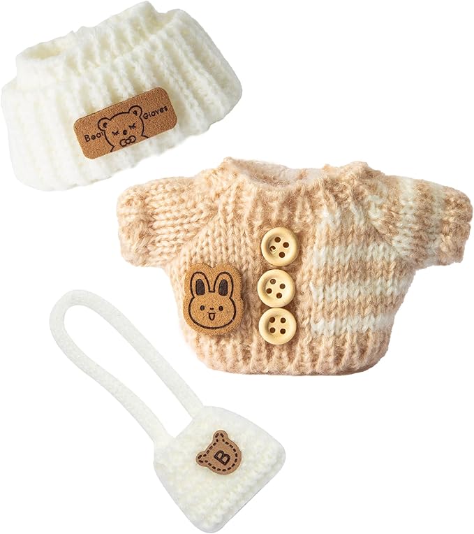 17cm Doll Outfits for Labubu - Kawaii Chic Style Set for 17cm Dolls, Cute Doll Clothes with Accessories - Button Up Stripe Brown Sweater + White Hat + White Bag (Clothes Only)