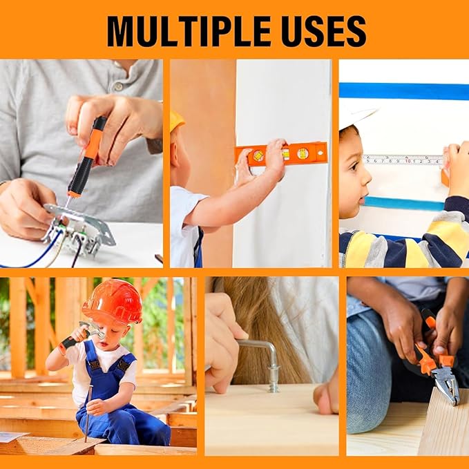 27-Piece Orange Kids Tool Set with Tool Storage Bag, Real Hand Tool Kit for Boys & Girls, Children Learning Tools for DIY Building, Woodworking and Construction, 6+ Years Old Birthday