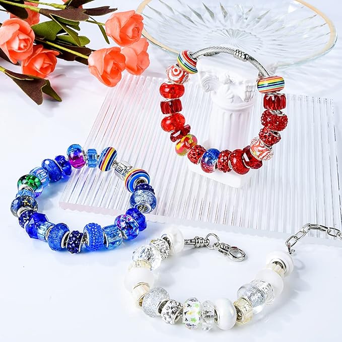 Aipridy Assortment European Large Hole Beads Spacer Beads Rhinestone Craft Beads for DIY Charms Bracelet Jewelry Making (Blue-Red-White)