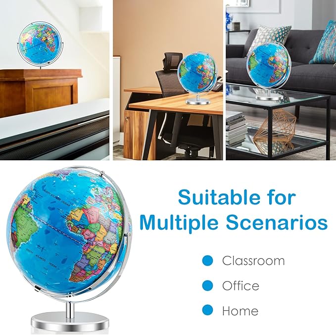 Goplus 13" Large World Globe with Stand, 720° Rotating Illuminated Globe with LED Lights, Metal Base, Desktop Educational Geographic Globe for Learning, Classroom, Office