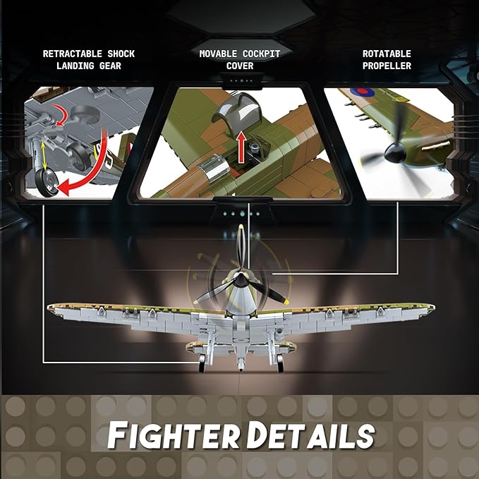 WW2 Military Fighter Jet UK Spitfire F.MK.la Plane Building Block Set, 682PCS Army Airplane Models Kit, Compatible with Lego,Airplane Toys Gifts for Ages 6+ Kid and Adult