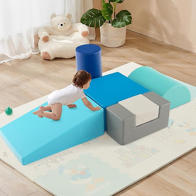 HONEY JOY 6-Piece Climb and Crawl Playset, Soft Climbing Foam Block Activity Play Structure Gym Equipment for Infant Baby, Color Coordination, Waterproof Indoor Climbing Toys for Toddlers (Blue)