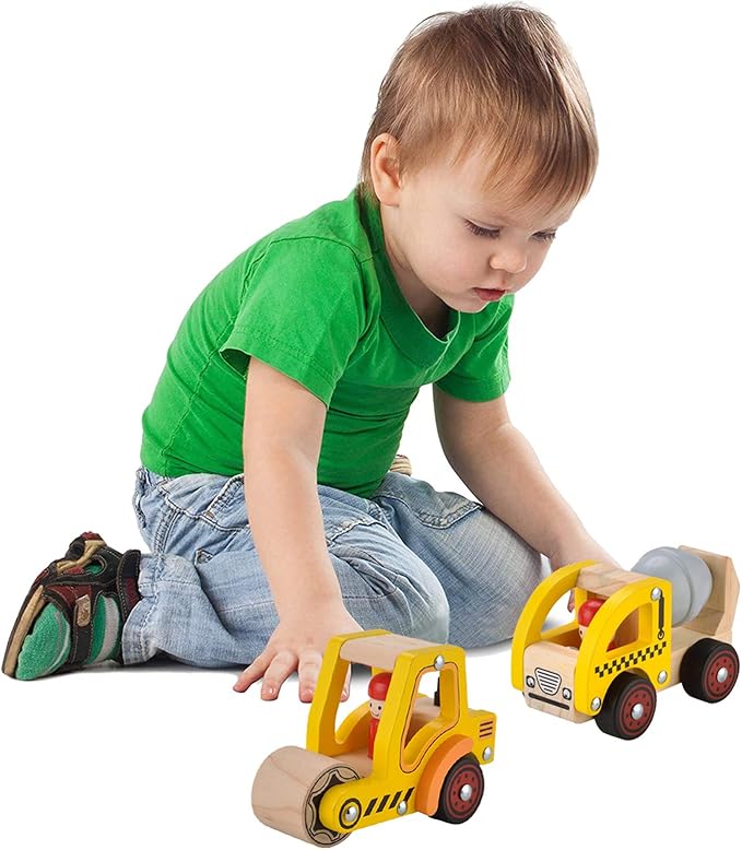 Wooden Push Car Toys for Infants 12-18 Months, 2 Pcs Baby Vehicle Toys Hand Push Car for 1 2 Year Old Boys Girls (Cement Truck + Road Roller)