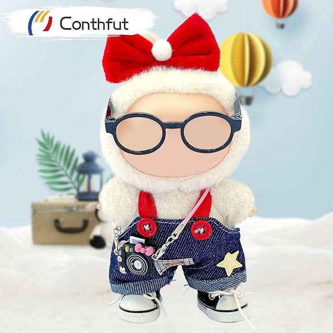 Overalls Doll Clothes,17cm/15cm Dolls Outfit Set,Stylish Clothes Set Dress Up (No Doll) (Blue Overalls Suit+Bow)