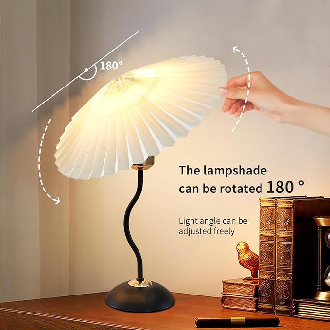 Arts Bedside Table Lamp for Bedroom, Cute Small Pleated Lamps for Nightstand, Vintage Lamp with Umbrella Shade, Decor Desk Reading Lamps for Living Room Kids Room Dorm Office with E26 LED Bulb
