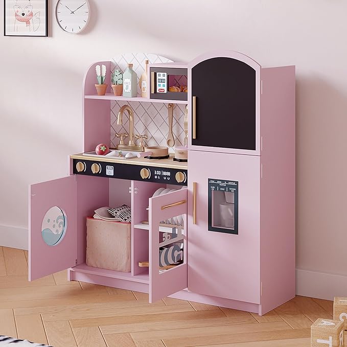 Treocho Play Kitchen for Kids, Wooden Toddler Kitchen Set with Storage, Modern Design Toy Kitchen with Faucet&Sink, Stove, Chalkboard, Icemaker and Various Accessories for Kids Ages 3+, Pink