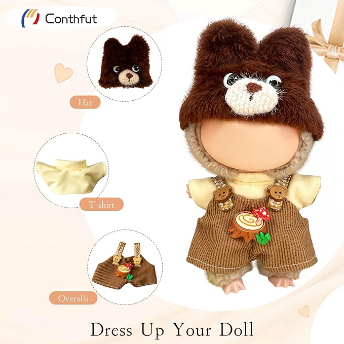 Overalls Doll Clothes,17cm/15cm Dolls Outfit Set,Accessories for Doll ,Stylish Clothes Set for Dolls Dress Up (No Doll)(Dark Brown)