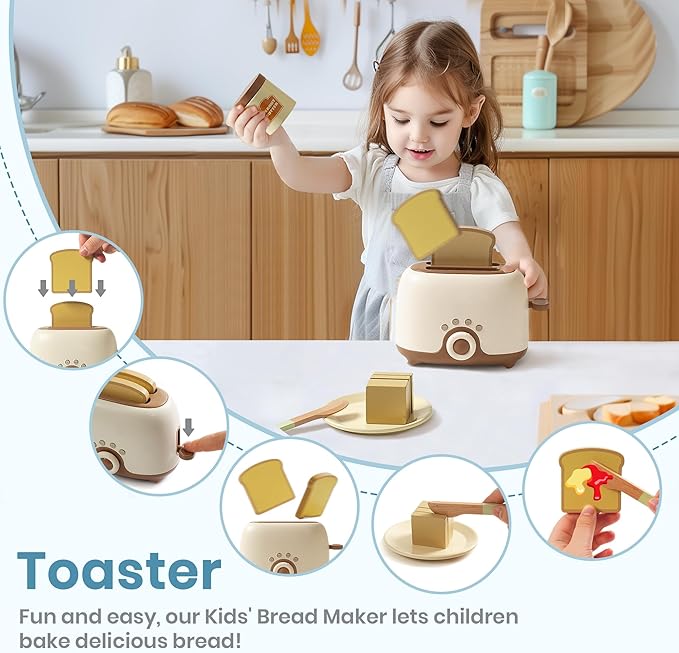 ROBOTIME Kids Toy Kitchen Set - Wooden Play Kitchen Appliances with Toaster, Mixer, Blender with Realistic Sounds, Play Kitchen Accessories Toy Food Set for Kids - Kitchen Playset for Toddlers(4-Set)