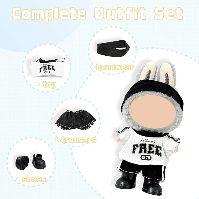 4-Piece Clothes for 17cm Doll, Outfit Set with Sport-Style Headband, Top, Pants, Shoes, Stylish Adorable Dolls Accessories for Display & Dress-Up (No Doll)