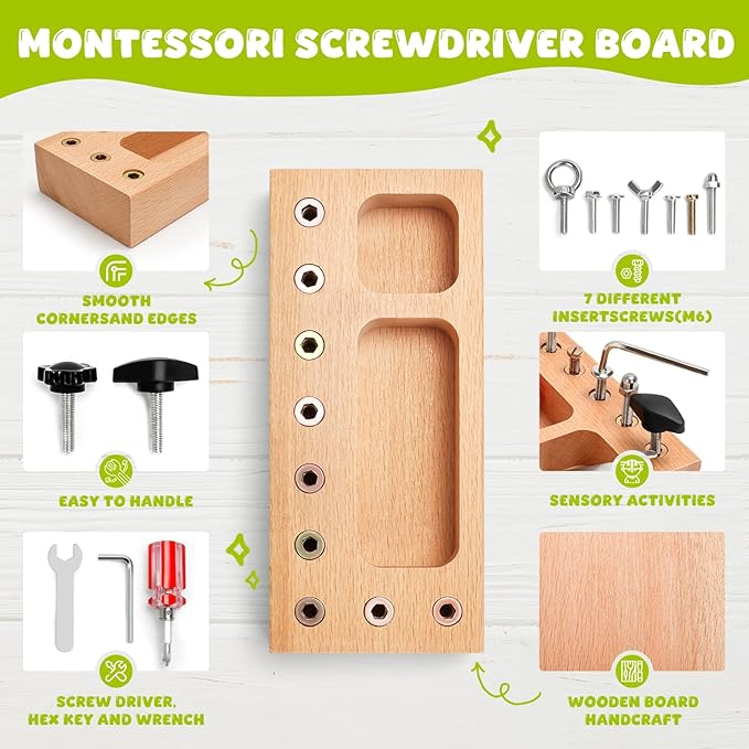 Montessori Busy Board for Toddlers 3-5 Years, Wooden Screwdriver Activity Board, Fine Motor Skills & Sensory Development Toy, Preschool Learning & Travel