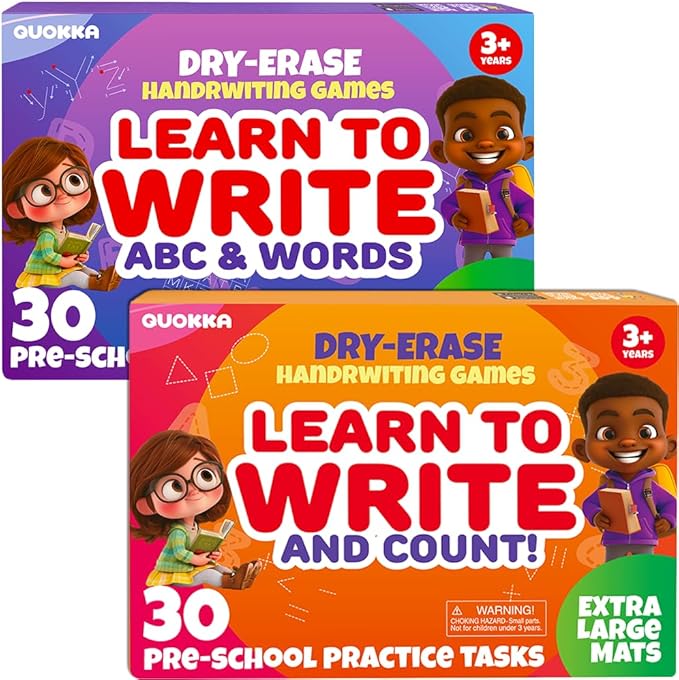 QUOKKA Busy Book Handwriting Practice for Kids - 2 Set - Learn to Write for Toddlers Age 3 4 5 - | 24 Tasks | 4 Dry Erase Markers | - Homeschool Preschool Learning Activities