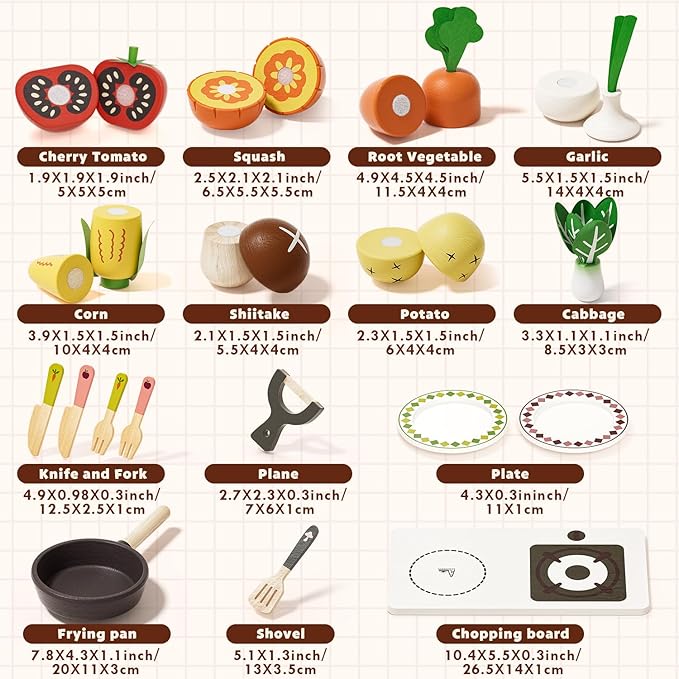 Wooden Play Food Sets for Kids Kitchen, Farm to Table, Play Kitchen Accessories Cutting Vegetables Toy, Pretend Play Food Cooking Games, Learning Resources Food for Kids 3+