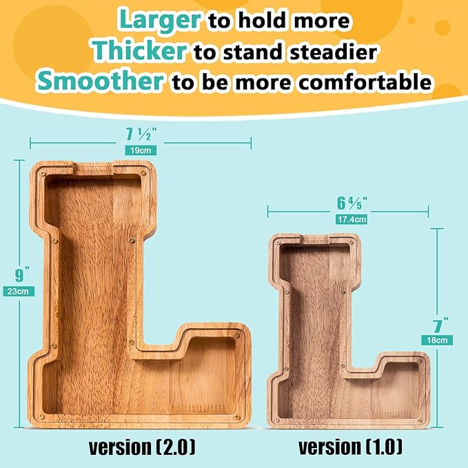 SummiDate Wooden Letter Piggy Bank| Piggy Bank for Boys Girls Toddler| Alphabet L Money Bank| Coin Bank Birthday Gift for Kids|Birthday Easter Gifts for Kids (L)