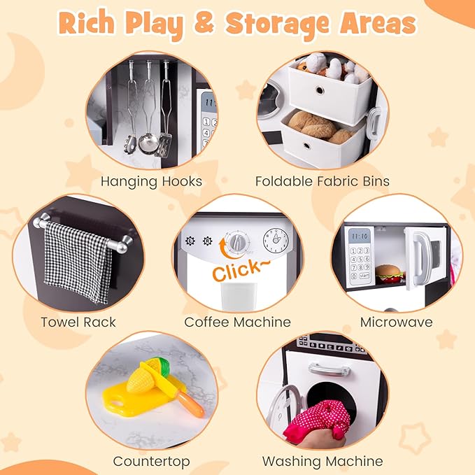 Costzon Corner Play Kitchen, Wooden Toddler Kitchen Playset with Lights and Sounds, Water Circulation System, Washing Machine, Toy Kitchen with Accessories, Kids Kitchen Playset (Brown)