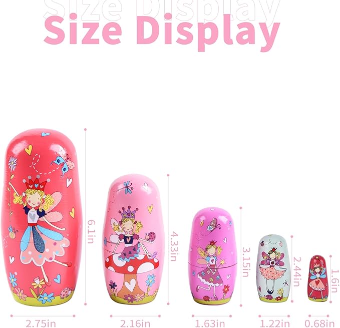 Nesting Dolls, 5Pcs 6" Tall Russian Nesting Dolls, Handmade Matryoshka for Kids, Wooden Stacking Toys for Christmas Home Wedding Party Decorations (Fairy)