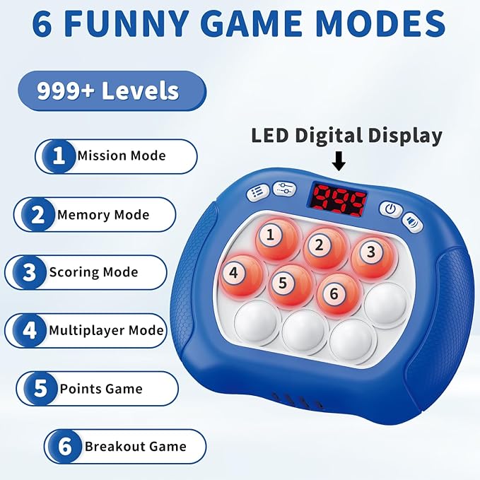 Pop Game Light Up Fidget Toy for Kids, 6 Modes LED Screen Quick Push Games Controller Electric Fidget Popper Game Bubble Road Trip Activities Car Games Birthday Gifts Toys for Kids Boys Blue