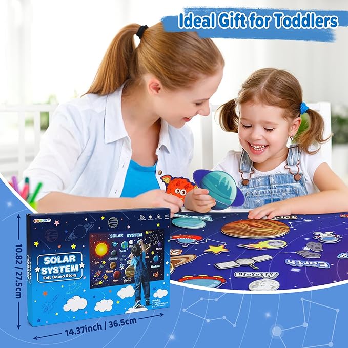 OKOOKO Solar System Felt Story Board Set 41PCS 43x29inch Outer Space Universe Storytelling with Hooks Astronaut Planets Galaxy Preschool Craft Early Learning Interactive Play Kit for Toddlers Kids 4+