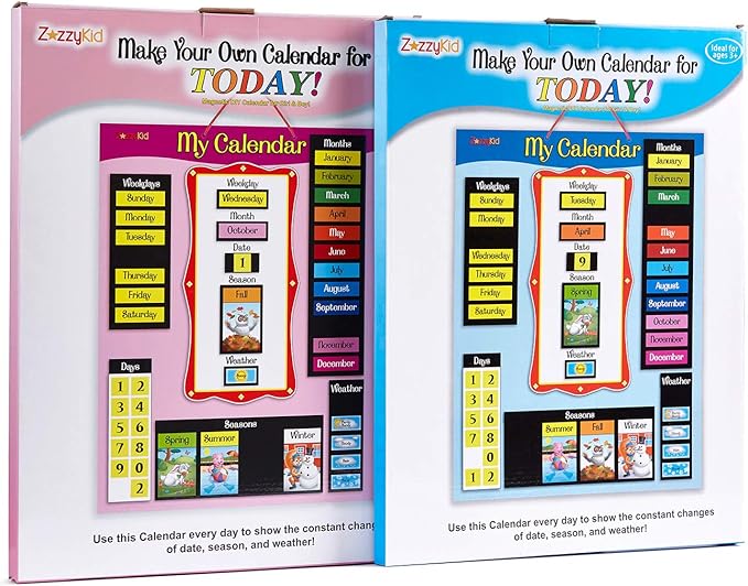 ZazzyKid Magnetic Calendar & Weather Chart for Kids - Preschool Daily Calendar Learning for Days of the Week, Months, Weather & Season Blue
