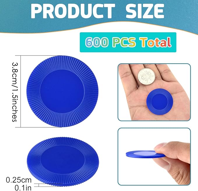 Coopay 600 Pieces Plastic Poker Chips Bingo Chip Bulk Learning Counters Disks Poker Card Game Counting Markers for Math Practice, Game Tokens and Teaching Rewards, 38 mm/ 1.5 Inches (Blue)