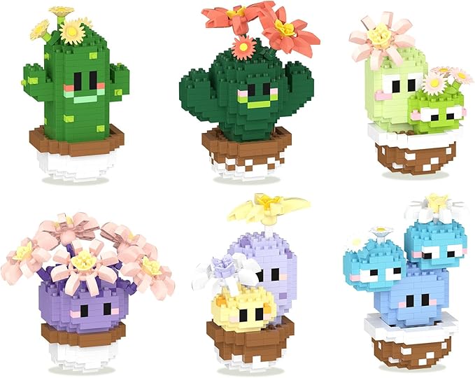 Flowers & Cactus Building Sets for Adults, 6 Pack Succulents Bonsai Décor Model Kits, Tiny Plants Party Favors For Kids 8-12, Goodie Bag Stuffers, Prize Box Toys Gifts for Kids, Botanical Lovers