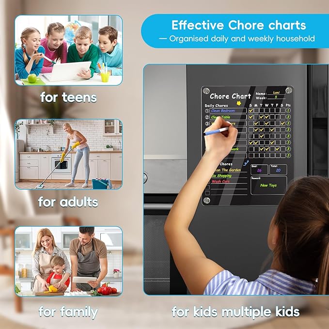 Acrylic Magnetic Chore Chart for Kids, Chore Board, Dry Erase Chore Chart, 12"x9.5" Transparent Erasable Reward Chart for Teens and Adults Chore Checklist with 6 Markers and Towel