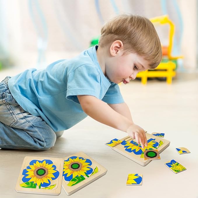Montessori Wooden Puzzles for Kids Ages 4-8, 4 Layer Life Cycle Of Sunflower Jigsaw Puzzle for Toddlers, Children Preschool Learning Educational Puzzles Summer Toys Gift for Boys and Girls (Sunflower)