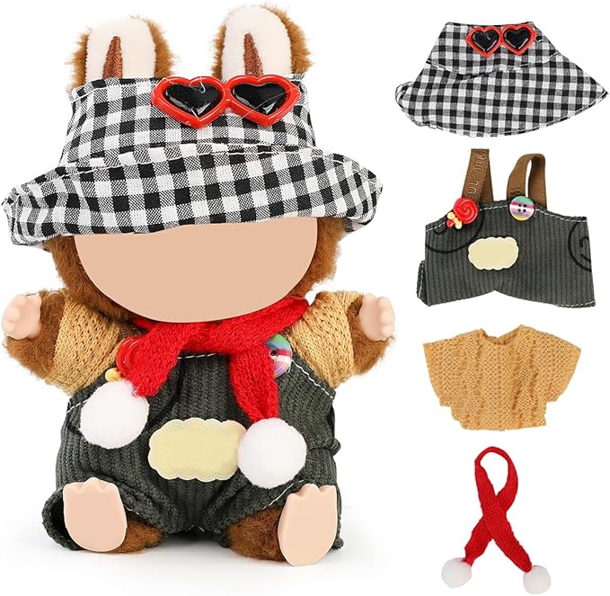 Doll Clothes for Labubu(NO Doll), for 17/15cm Plush Dolls, Clothing Suit Toy Figurine Outfit Set Dress Up with Kawaii Style Accessories, Multicolour Overall and Cute Hat or Headwear (LB92)