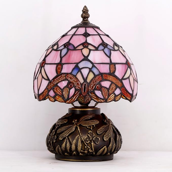 WERFACTORY Small Tiffany Lamp Desk Pink Stained Glass Baroque Mushroom Table Lamp Bronze Mini Accent Lamp W8H11 Inch S003P Series